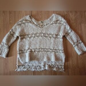 Free People Chunky Fuzzy Loose Knit Cream Stripe Cable Sweater Size Oversize XS